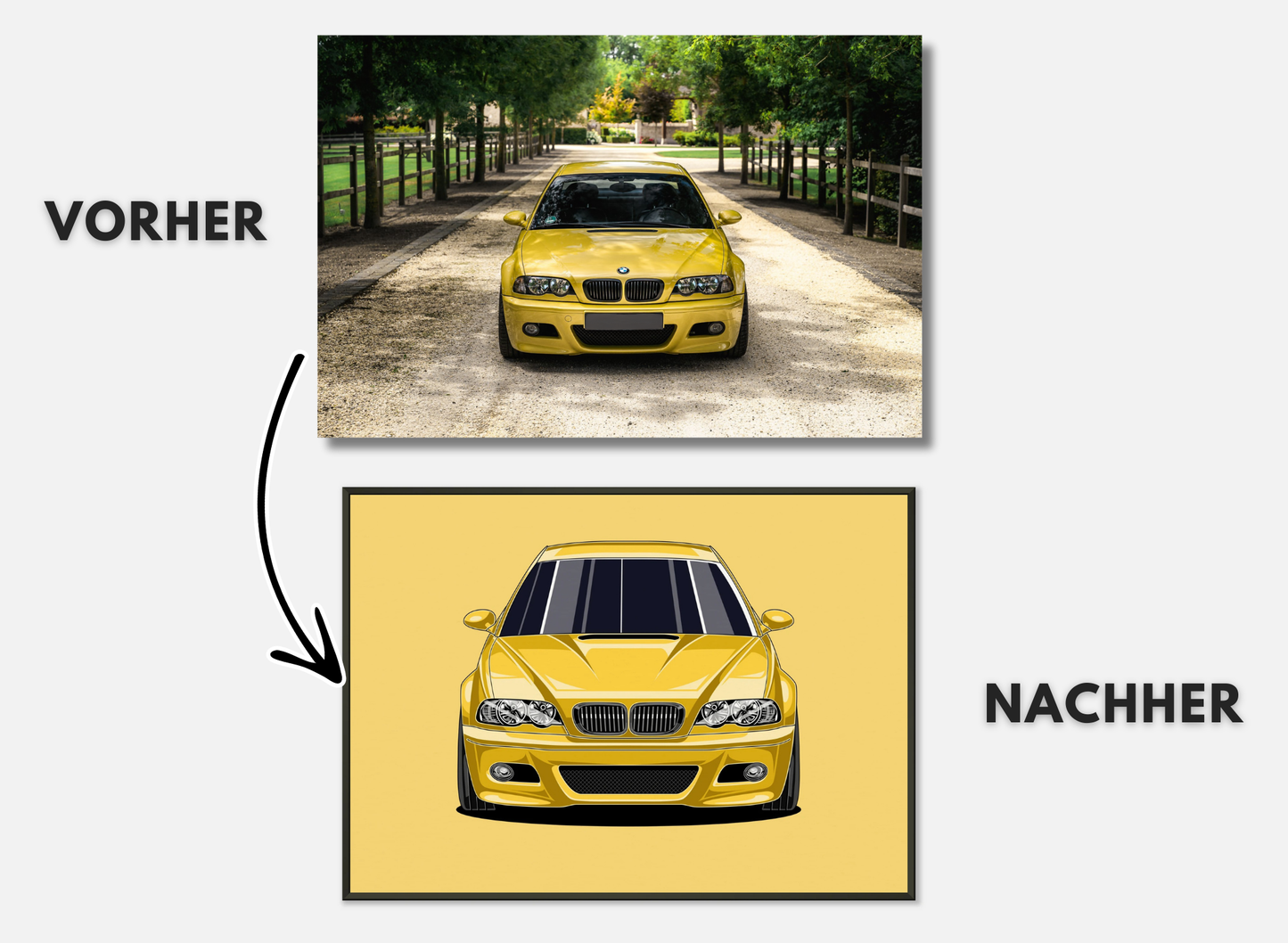 Personalisiertes Auto-Porträt als Poster illustriert – handgezeichnet & gerahmt