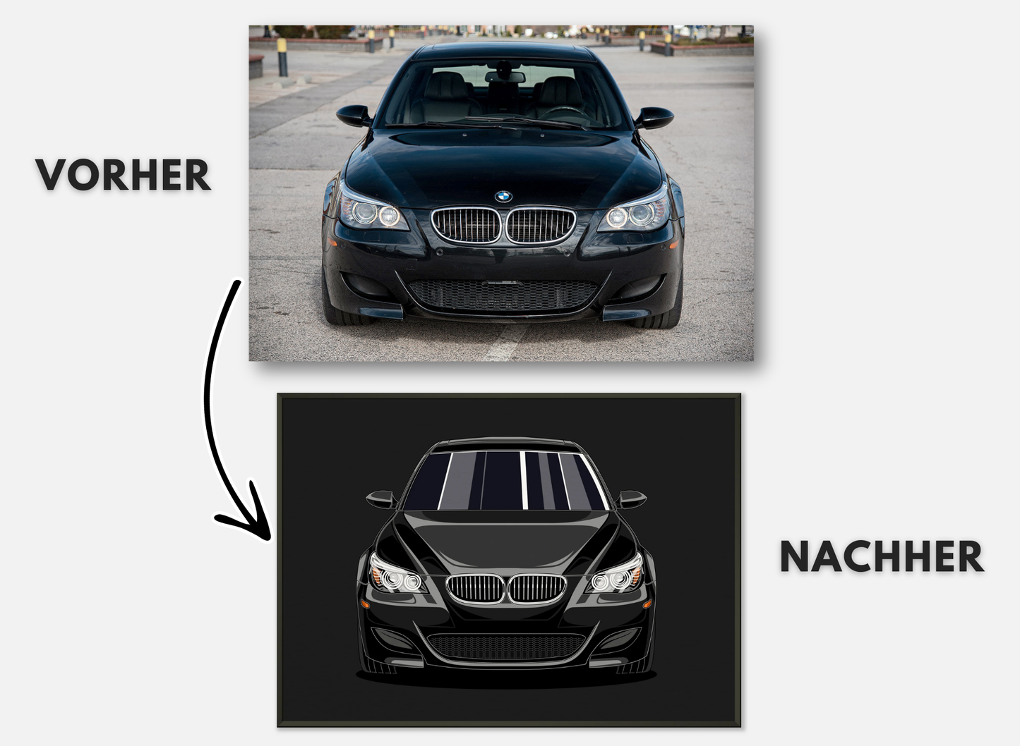 Personalisiertes Auto-Porträt als Poster illustriert – handgezeichnet & gerahmt