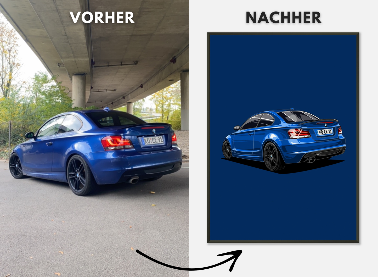 Personalisiertes Auto-Porträt als Poster illustriert – handgezeichnet & gerahmt