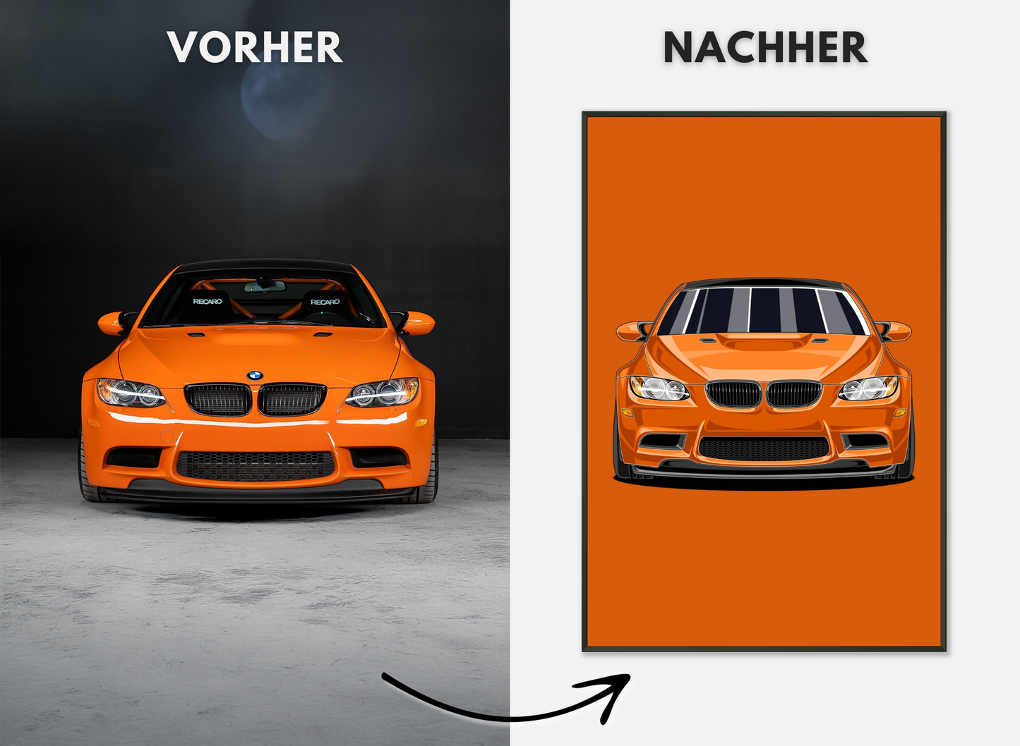 Personalisiertes Auto-Porträt als Poster illustriert – handgezeichnet & gerahmt