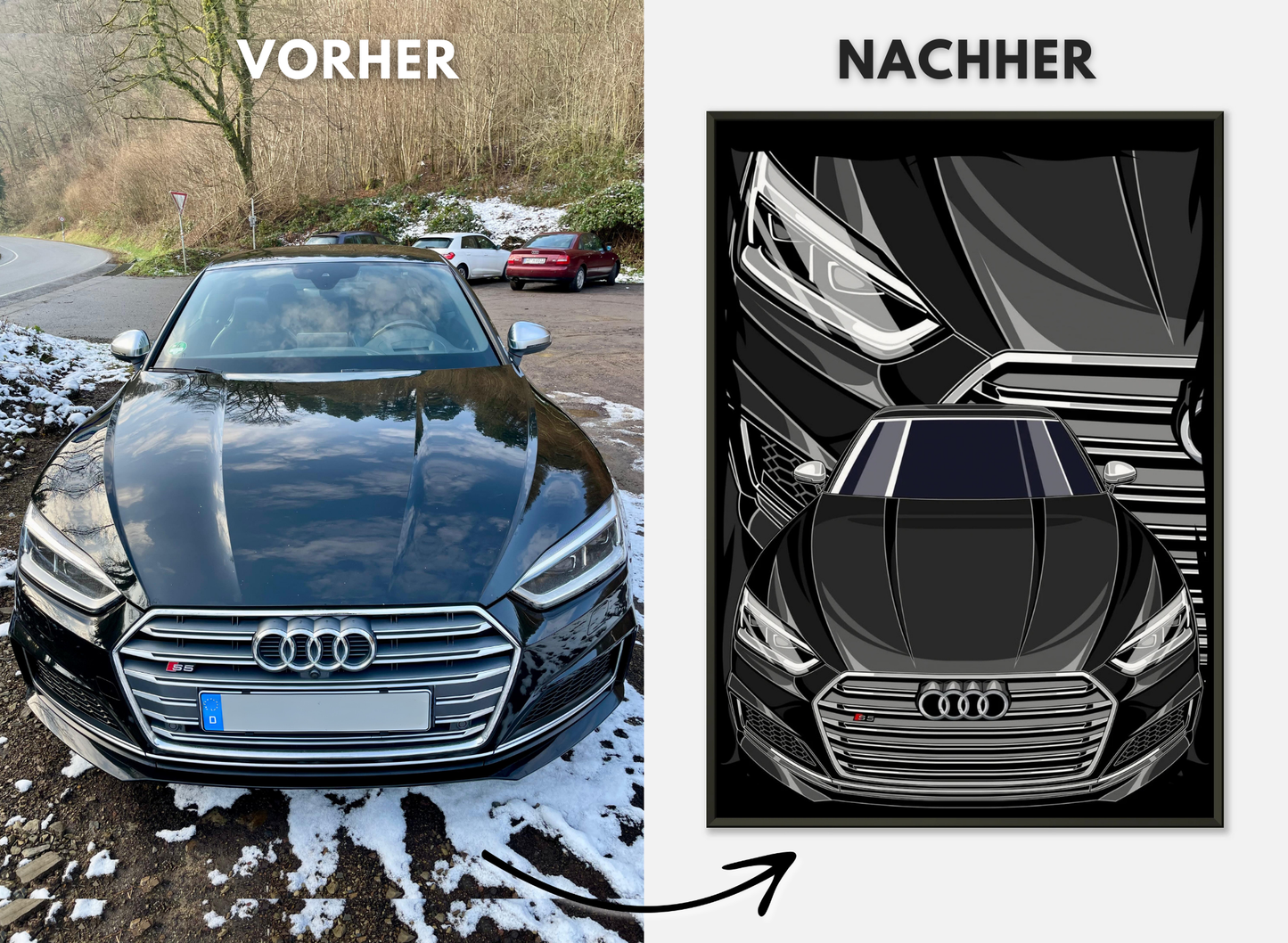 Personalisiertes Auto-Porträt als Poster illustriert – handgezeichnet & gerahmt
