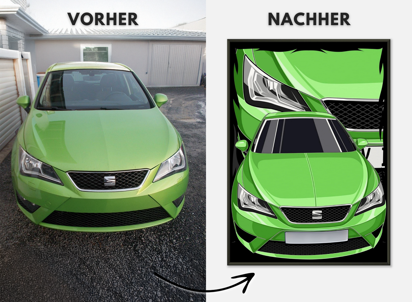 Personalisiertes Auto-Porträt als Poster illustriert – handgezeichnet & gerahmt